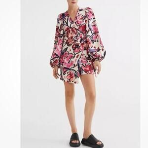 H&M ladies XS puff elastic sleeve red pink maroon wrap dress coverup floral mini